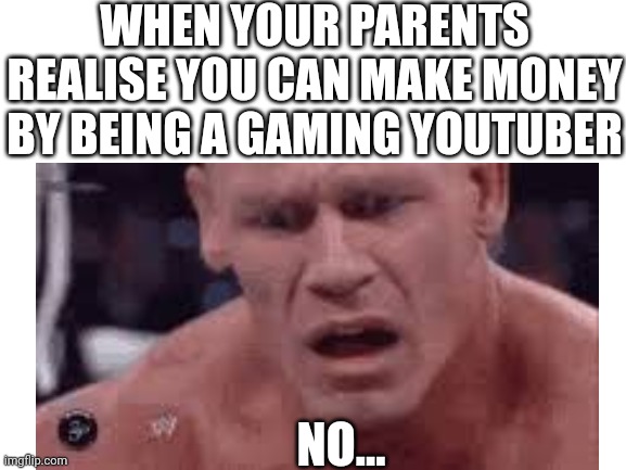Money from gaming | WHEN YOUR PARENTS REALISE YOU CAN MAKE MONEY BY BEING A GAMING YOUTUBER; NO… | image tagged in idk | made w/ Imgflip meme maker