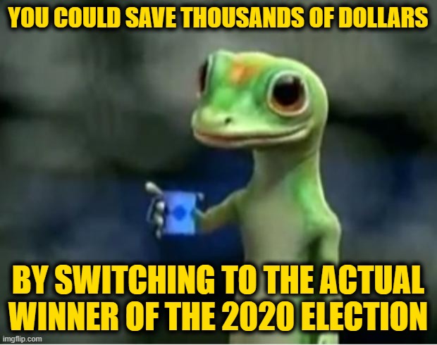 Geico Gecko | YOU COULD SAVE THOUSANDS OF DOLLARS; BY SWITCHING TO THE ACTUAL WINNER OF THE 2020 ELECTION | image tagged in geico gecko | made w/ Imgflip meme maker