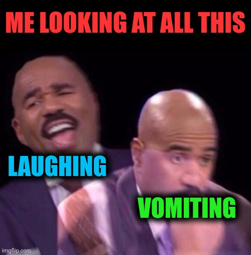 Steve Harvey Laughing Serious | LAUGHING VOMITING ME LOOKING AT ALL THIS | image tagged in steve harvey laughing serious | made w/ Imgflip meme maker