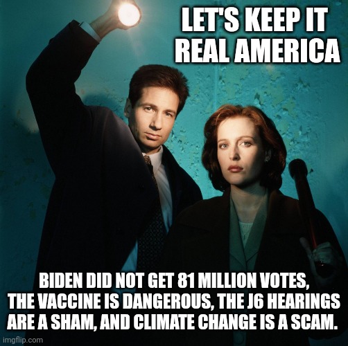 Keeping it real. | LET'S KEEP IT 
REAL AMERICA; BIDEN DID NOT GET 81 MILLION VOTES, THE VACCINE IS DANGEROUS, THE J6 HEARINGS ARE A SHAM, AND CLIMATE CHANGE IS A SCAM. | image tagged in memes | made w/ Imgflip meme maker