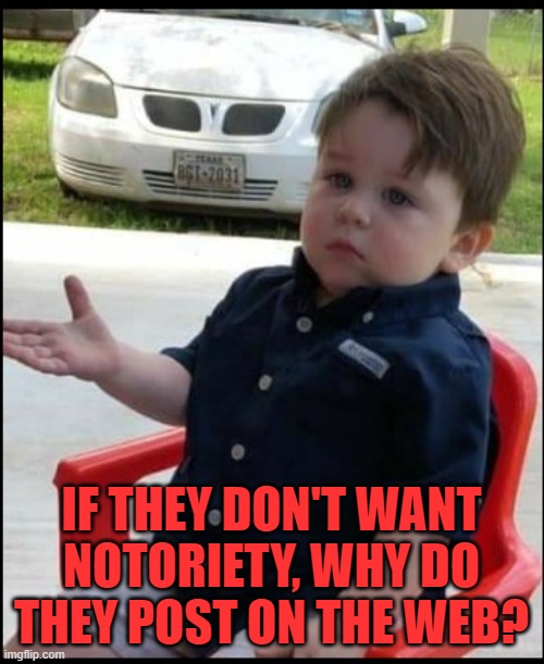 Questioning kid | IF THEY DON'T WANT NOTORIETY, WHY DO THEY POST ON THE WEB? | image tagged in questioning kid | made w/ Imgflip meme maker