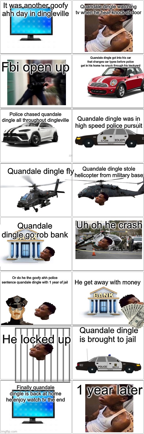 The goofy ahh chronicles of quandale dingle | It was another goofy ahh day in dingleville; Quandale dingle watching tv when he hear knock at door; Quandale dingle got into his car that changes car types before police get in his home he snuck through his backyard; Fbi open up; Police chased quandale dingle all throughout dingleville; Quandale dingle was in high speed police pursuit; Quandale dingle fly; Quandale dingle stole helicopter from military base; Uh oh he crash; Quandale dingle go rob bank; Or do he the goofy ahh police sentence quandale dingle with 1 year of jail; He get away with money; Quandale dingle is brought to jail; He locked up; 1 year later; Finally quandale dingle is back at home he enjoy watch tv the end | image tagged in blank comic panel 2x8,goofy ahh,quandale dingle,the goofy ahh chronicles | made w/ Imgflip meme maker