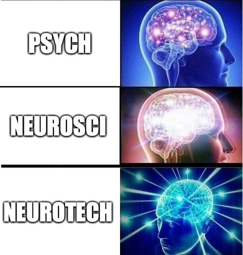 big brains |  PSYCH; NEUROSCI; NEUROTECH | image tagged in expanding brain 3 panels,neurotech | made w/ Imgflip meme maker
