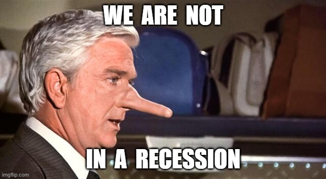 we are not in a Recession | WE  ARE  NOT; IN  A  RECESSION | image tagged in recession,leslie nielson,airplane,lies,pinnochio | made w/ Imgflip meme maker