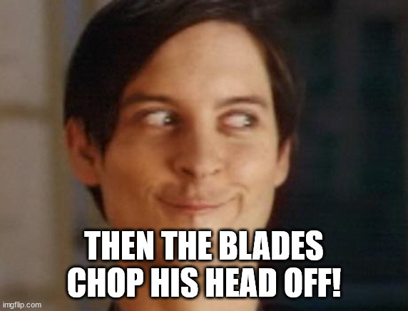 Spiderman Peter Parker Meme | THEN THE BLADES CHOP HIS HEAD OFF! | image tagged in memes,spiderman peter parker | made w/ Imgflip meme maker