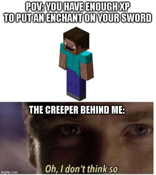 my xp! | POV: YOU HAVE ENOUGH XP TO PUT AN ENCHANT ON YOUR SWORD; THE CREEPER BEHIND ME: | image tagged in minecraft | made w/ Imgflip meme maker