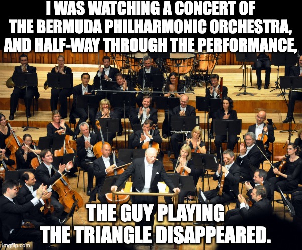 Triangle | I WAS WATCHING A CONCERT OF THE BERMUDA PHILHARMONIC ORCHESTRA, AND HALF-WAY THROUGH THE PERFORMANCE, THE GUY PLAYING THE TRIANGLE DISAPPEARED. | image tagged in bad pun | made w/ Imgflip meme maker