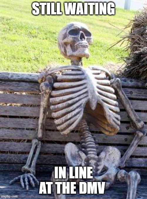 Waiting Skeleton Meme | STILL WAITING; IN LINE AT THE DMV | image tagged in memes,waiting skeleton | made w/ Imgflip meme maker