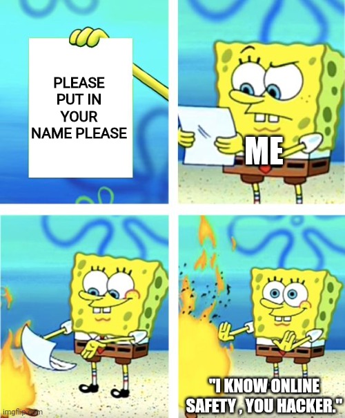 A reminder for online safety | PLEASE PUT IN YOUR NAME PLEASE; ME; "I KNOW ONLINE SAFETY , YOU HACKER." | image tagged in spongebob burning paper | made w/ Imgflip meme maker