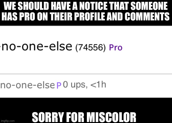 I don’t have pro | WE SHOULD HAVE A NOTICE THAT SOMEONE HAS PRO ON THEIR PROFILE AND COMMENTS; SORRY FOR MISCOLOR | image tagged in pro,imgflip users,meanwhile on imgflip | made w/ Imgflip meme maker