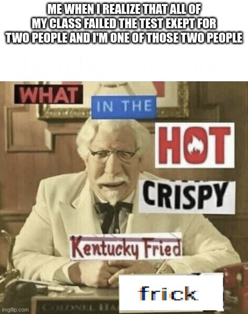 This happens way too many times | ME WHEN I REALIZE THAT ALL OF MY CLASS FAILED THE TEST EXEPT FOR TWO PEOPLE AND I'M ONE OF THOSE TWO PEOPLE | image tagged in what in the hot crispy kentucky fried frick | made w/ Imgflip meme maker