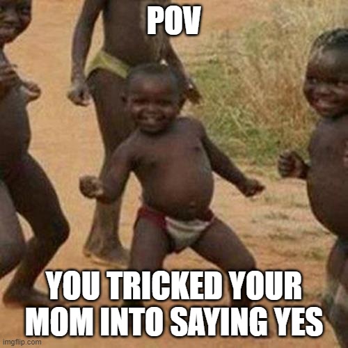 woohoo! |  POV; YOU TRICKED YOUR MOM INTO SAYING YES | image tagged in memes,third world success kid | made w/ Imgflip meme maker