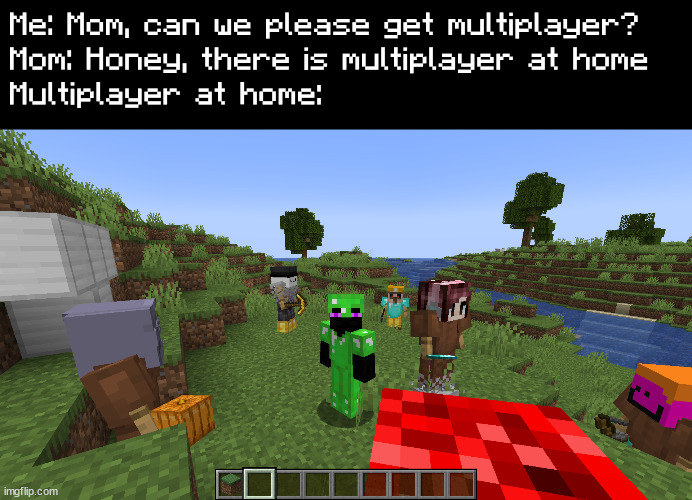 When you can't load Minecraft multiplayer | Me: Mom, can we please get multiplayer?
Mom: Honey, there is multiplayer at home
Multiplayer at home: | image tagged in minecraft | made w/ Imgflip meme maker