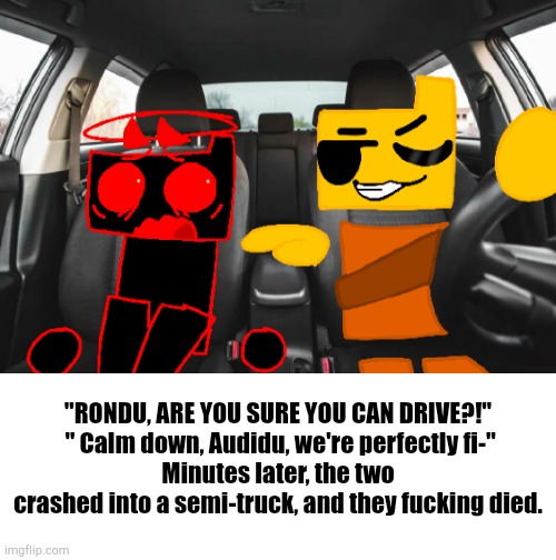 I made this because boredom! | "RONDU, ARE YOU SURE YOU CAN DRIVE?!"
 " Calm down, Audidu, we're perfectly fi-"
Minutes later, the two crashed into a semi-truck, and they fucking died. | made w/ Imgflip meme maker