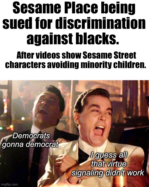 Sesame employees headed back to diversity training | Sesame Place being sued for discrimination against blacks. After videos show Sesame Street characters avoiding minority children. Democrats gonna democrat; I guess all that virtue signaling didn’t work | image tagged in memes,good fellas hilarious,politics lol,liberal hypocrisy,derp | made w/ Imgflip meme maker