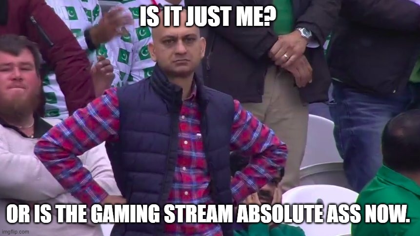 Disappointed Muhammad Sarim Akhtar | IS IT JUST ME? OR IS THE GAMING STREAM ABSOLUTE ASS NOW. | image tagged in disappointed muhammad sarim akhtar | made w/ Imgflip meme maker