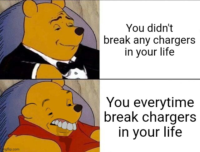 Rip my phone charger. | You didn't break any chargers in your life; You everytime break chargers in your life | image tagged in tuxedo winnie the pooh grossed reverse,charger,memes,funny,winnie the pooh | made w/ Imgflip meme maker