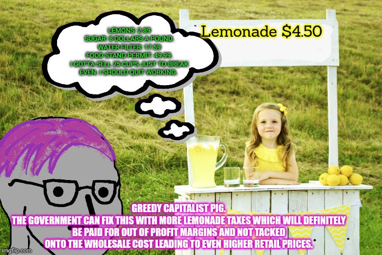 Math is hard | LEMONS: 2.89
SUGAR: 8 DOLLARS A POUND.
WATER FILTER: 17.59
FOOD STAND PERMIT: 49.99.
I GOTTA SELL 25 CUPS JUST TO BREAK EVEN. I SHOULD QUIT WORKING. Lemonade $4.50; GREEDY CAPITALIST PIG.
THE GOVERNMENT CAN FIX THIS WITH MORE LEMONADE TAXES WHICH WILL DEFINITELY BE PAID FOR OUT OF PROFIT MARGINS AND NOT TACKED ONTO THE WHOLESALE COST LEADING TO EVEN HIGHER RETAIL PRICES. | image tagged in lemonade stand,fugg,those capitalist pigs,lemonade is just fruit piss | made w/ Imgflip meme maker