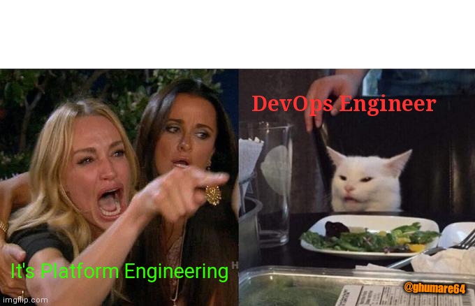 Woman Yelling At Cat |  DevOps Engineer; It's Platform Engineering; @ghumare64 | image tagged in memes,woman yelling at cat | made w/ Imgflip meme maker