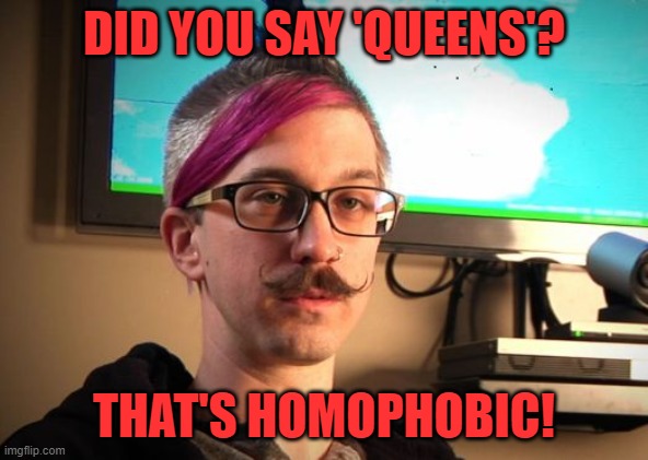 SJW Cuck | DID YOU SAY 'QUEENS'? THAT'S HOMOPHOBIC! | image tagged in sjw cuck | made w/ Imgflip meme maker