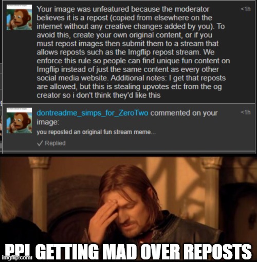 PPL GETTING MAD OVER REPOSTS | image tagged in sean bean | made w/ Imgflip meme maker