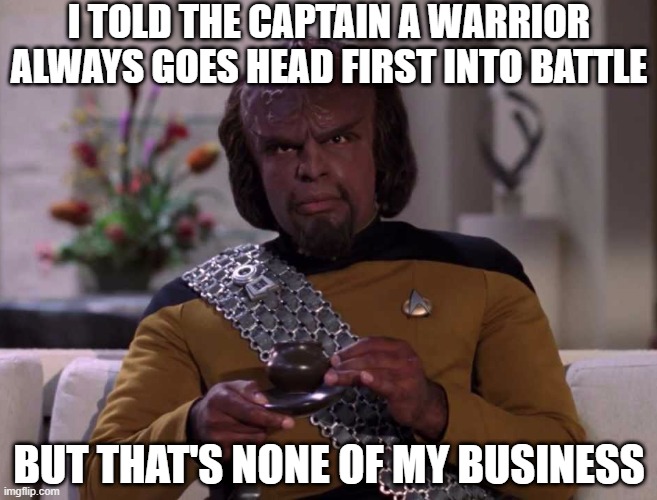 Worf, Son of Kermit | I TOLD THE CAPTAIN A WARRIOR ALWAYS GOES HEAD FIRST INTO BATTLE; BUT THAT'S NONE OF MY BUSINESS | image tagged in dignified worf | made w/ Imgflip meme maker