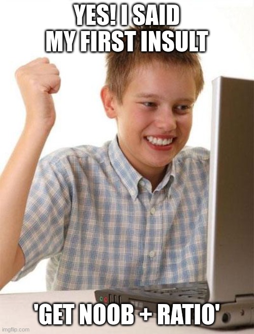 First Day On The Internet Kid Meme | YES! I SAID MY FIRST INSULT 'GET NOOB + RATIO' | image tagged in memes,first day on the internet kid | made w/ Imgflip meme maker