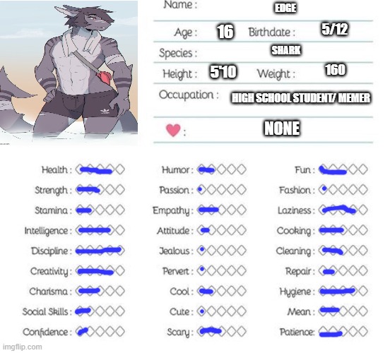 Oc info chart | EDGE; 5/12; 16; SHARK; 160; 5'10; HIGH SCHOOL STUDENT/ MEMER; NONE | image tagged in oc info chart | made w/ Imgflip meme maker