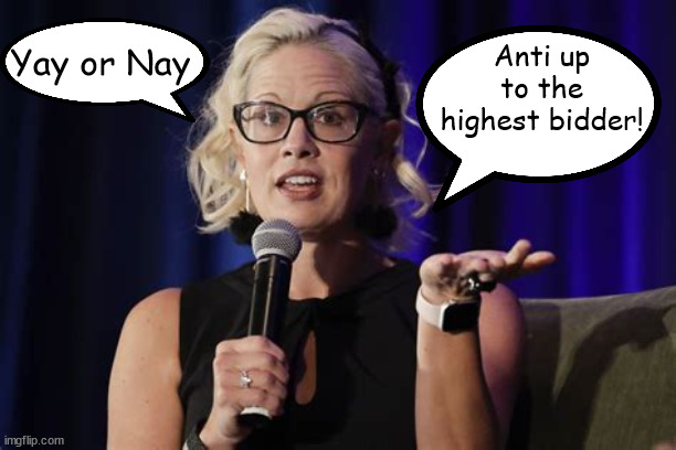 Sinema pay to play! | Anti up to the highest bidder! Yay or Nay | image tagged in dino,sinema,turncoat,traitor,greed | made w/ Imgflip meme maker