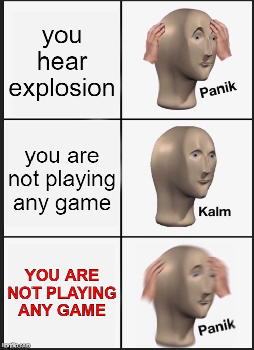 you hear explosion... | you hear explosion; you are not playing any game; YOU ARE NOT PLAYING ANY GAME | image tagged in memes,panik kalm panik | made w/ Imgflip meme maker