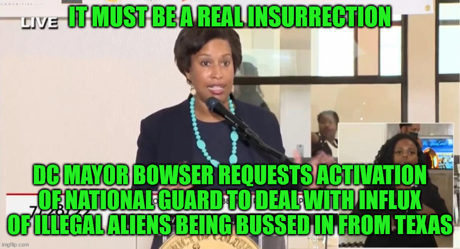 A real insurrection is happening... | IT MUST BE A REAL INSURRECTION; DC MAYOR BOWSER REQUESTS ACTIVATION OF NATIONAL GUARD TO DEAL WITH INFLUX OF ILLEGAL ALIENS BEING BUSSED IN FROM TEXAS | image tagged in national guard | made w/ Imgflip meme maker