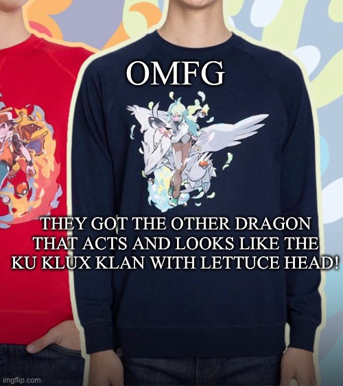 Reshiram T-Shirt Pokemon Center Ku Klux Klan! | OMFG; THEY GOT THE OTHER DRAGON THAT ACTS AND LOOKS LIKE THE KU KLUX KLAN WITH LETTUCE HEAD! | image tagged in kkk,ku klux klan,reshiram,leader n,natural harmonia gropius,reshiram shirt pokemon center | made w/ Imgflip meme maker
