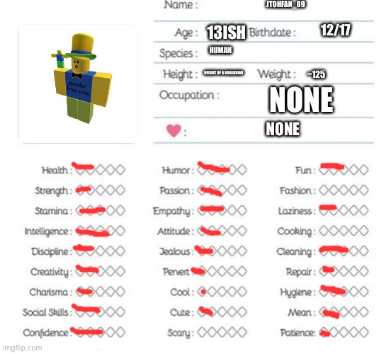 Why did I waste my time on this | JTOHFAN_89; 12/17; 13ISH; HEIGHT OF A ROBLOXIAN; NONE; HUMAN; NONE; ~125 | image tagged in oc info chart | made w/ Imgflip meme maker