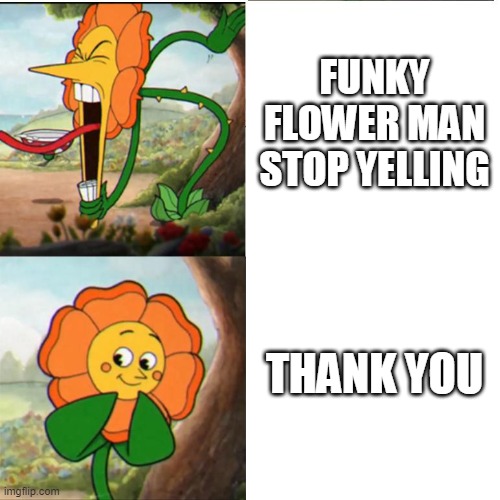 H | FUNKY FLOWER MAN STOP YELLING; THANK YOU | image tagged in cuphead flower | made w/ Imgflip meme maker