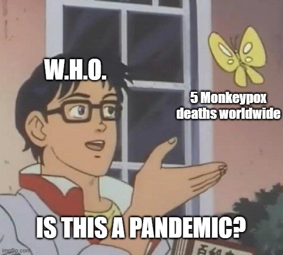 Enough fakedemics already! | W.H.O. 5 Monkeypox deaths worldwide; IS THIS A PANDEMIC? | image tagged in monkeypox,pandemic,hoax,liars | made w/ Imgflip meme maker