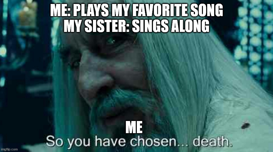 So you have chosen death | ME: PLAYS MY FAVORITE SONG
MY SISTER: SINGS ALONG; ME | image tagged in so you have chosen death | made w/ Imgflip meme maker