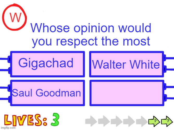 Blank the impossible quiz question | W; Whose opinion would you respect the most; Gigachad; Walter White; Saul Goodman | image tagged in blank the impossible quiz question | made w/ Imgflip meme maker