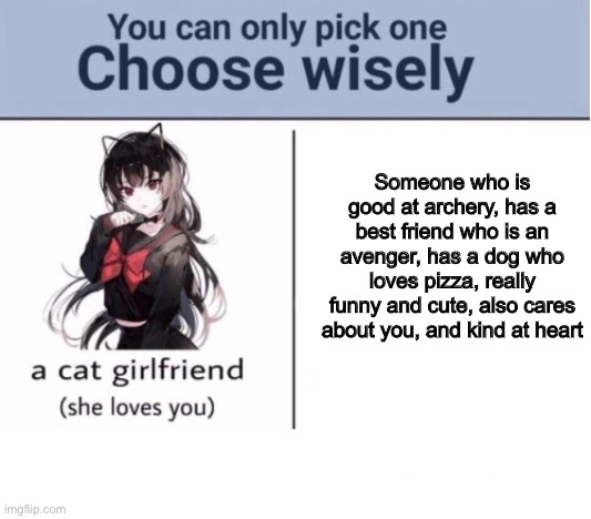 I’ll also take suggestions for who to make one of these about next | Someone who is good at archery, has a best friend who is an avenger, has a dog who loves pizza, really funny and cute, also cares about you, and kind at heart | image tagged in choose wisely,memes,marvel | made w/ Imgflip meme maker