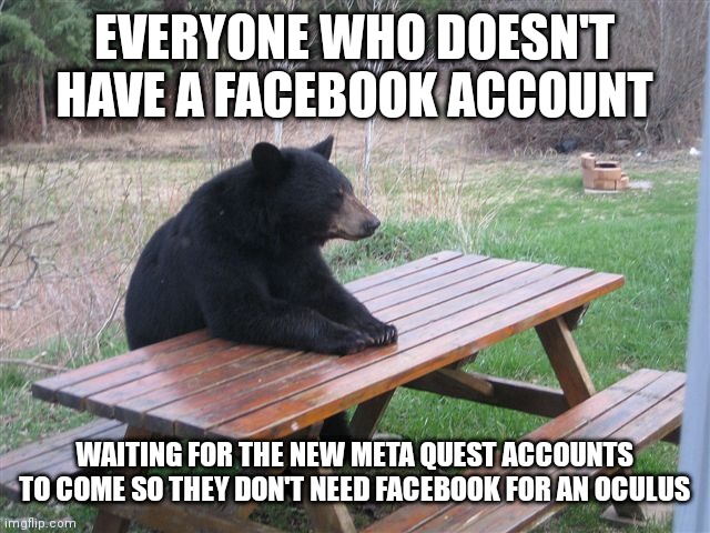 me rn (they are actually doing this btw) | EVERYONE WHO DOESN'T HAVE A FACEBOOK ACCOUNT; WAITING FOR THE NEW META QUEST ACCOUNTS TO COME SO THEY DON'T NEED FACEBOOK FOR AN OCULUS | image tagged in patient bear | made w/ Imgflip meme maker