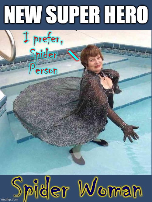 Her Super Power is Peeing Clearly |  NEW SUPER HERO; I prefer,
Spider
Person; \; Spider Woman | image tagged in vince vance,spiderman,memes,spider web,cape,swimming pool | made w/ Imgflip meme maker