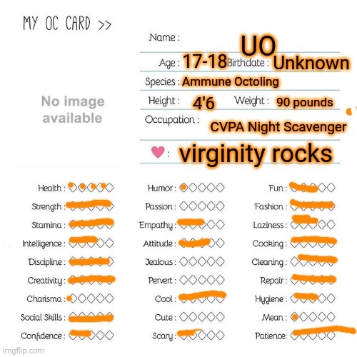Despite undead, you can vote to bring this character back! | UO; 17-18; Unknown; Ammune Octoling; 4'6; 90 pounds; CVPA Night Scavenger; virginity rocks | image tagged in oc card template,i am once again asking for your financial support | made w/ Imgflip meme maker