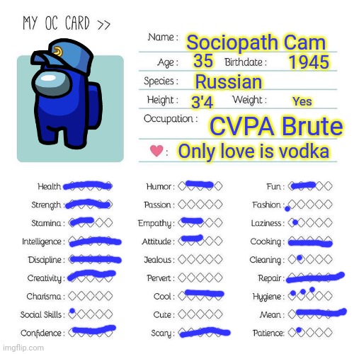Despite being undead, you can vote to bring this guy back! | Sociopath Cam; 35; 1945; Russian; 3'4; Yes; CVPA Brute; Only love is vodka | image tagged in oc card template,i am the god of destruction | made w/ Imgflip meme maker