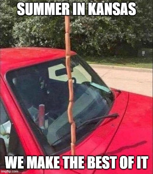 Summer in Kansas |  SUMMER IN KANSAS; WE MAKE THE BEST OF IT | image tagged in kansas city chiefs,summer vacation,hot dog,funny memes,redneck | made w/ Imgflip meme maker
