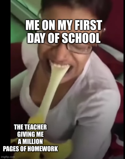 ME ON MY FIRST DAY OF SCHOOL; THE TEACHER GIVING ME A MILLION PAGES OF HOMEWORK | image tagged in unhelpful high school teacher | made w/ Imgflip meme maker