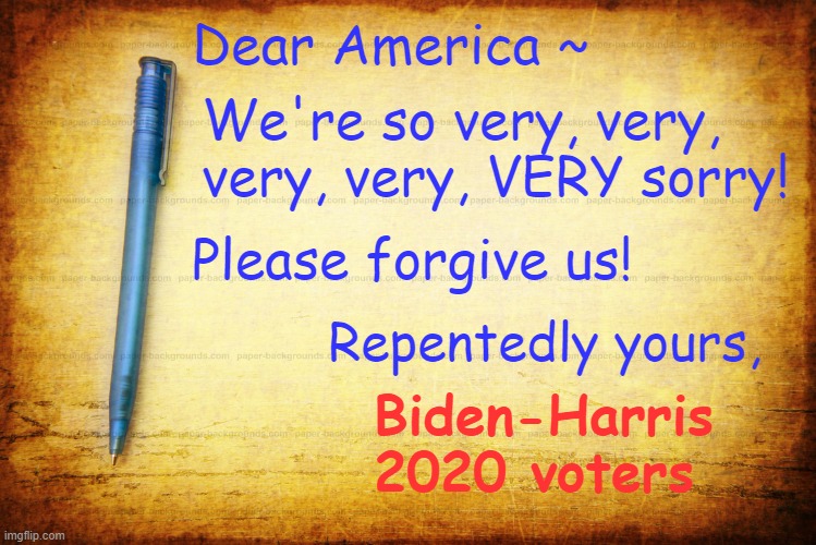 Next time, vote FOR someone, not AGAINST someone! | Dear America ~; We're so very, very, very, very, VERY sorry! Please forgive us! Repentedly yours, Biden-Harris
2020 voters | image tagged in memes stationary parchment notebook,joe biden,kamala harris,stupid liberals,make america great again | made w/ Imgflip meme maker