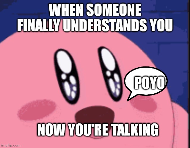Kirby smiling | WHEN SOMEONE FINALLY UNDERSTANDS YOU; POYO; NOW YOU'RE TALKING | image tagged in kirby | made w/ Imgflip meme maker