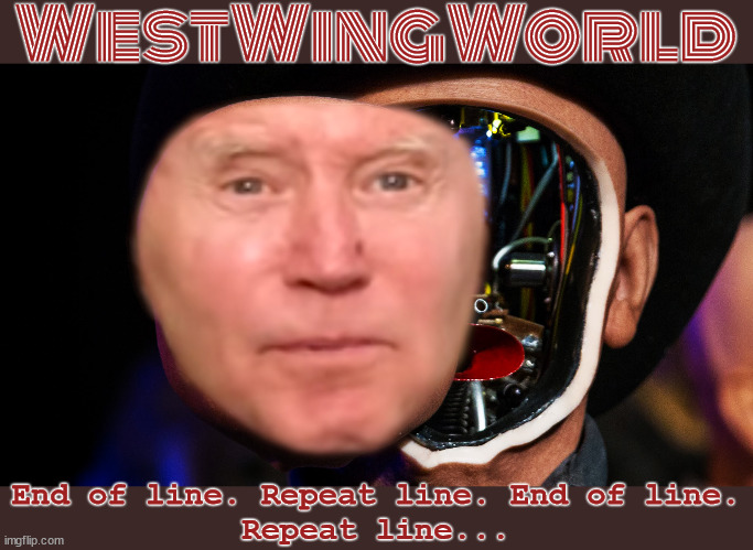WestWingWorld | WestWingWorld; End of line. Repeat line. End of line.
Repeat line... | image tagged in biden,robot joe,joe double,biden speech | made w/ Imgflip meme maker