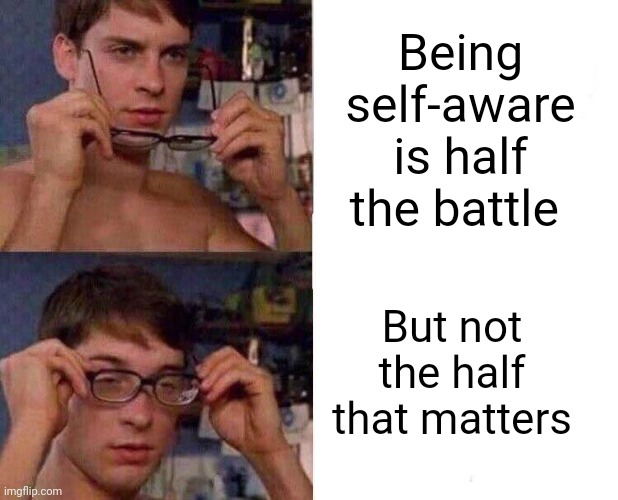 Spiderman Glasses | Being self-aware is half the battle; But not the half that matters | image tagged in spiderman glasses | made w/ Imgflip meme maker