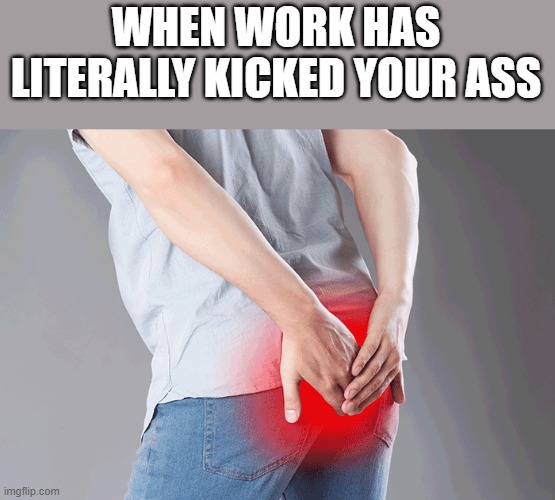 When Work Has Literally Kicked Your Ass |  WHEN WORK HAS LITERALLY KICKED YOUR ASS | image tagged in work,work sucks,ass,butt,funny,memes | made w/ Imgflip meme maker