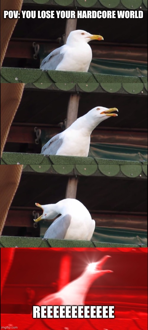 Inhaling Seagull Meme | POV: YOU LOSE YOUR HARDCORE WORLD; REEEEEEEEEEEE | image tagged in memes,inhaling seagull | made w/ Imgflip meme maker